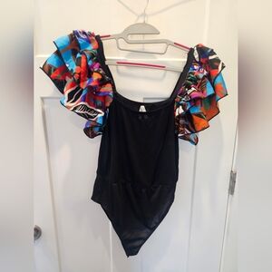 TRUTH Black Bodysuit Medium – Multicolor Ruffle Sleeve Statement Top Party Outfi